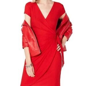 INC International Concept Red Cap sleeves tie Faux front wrap dress, size L